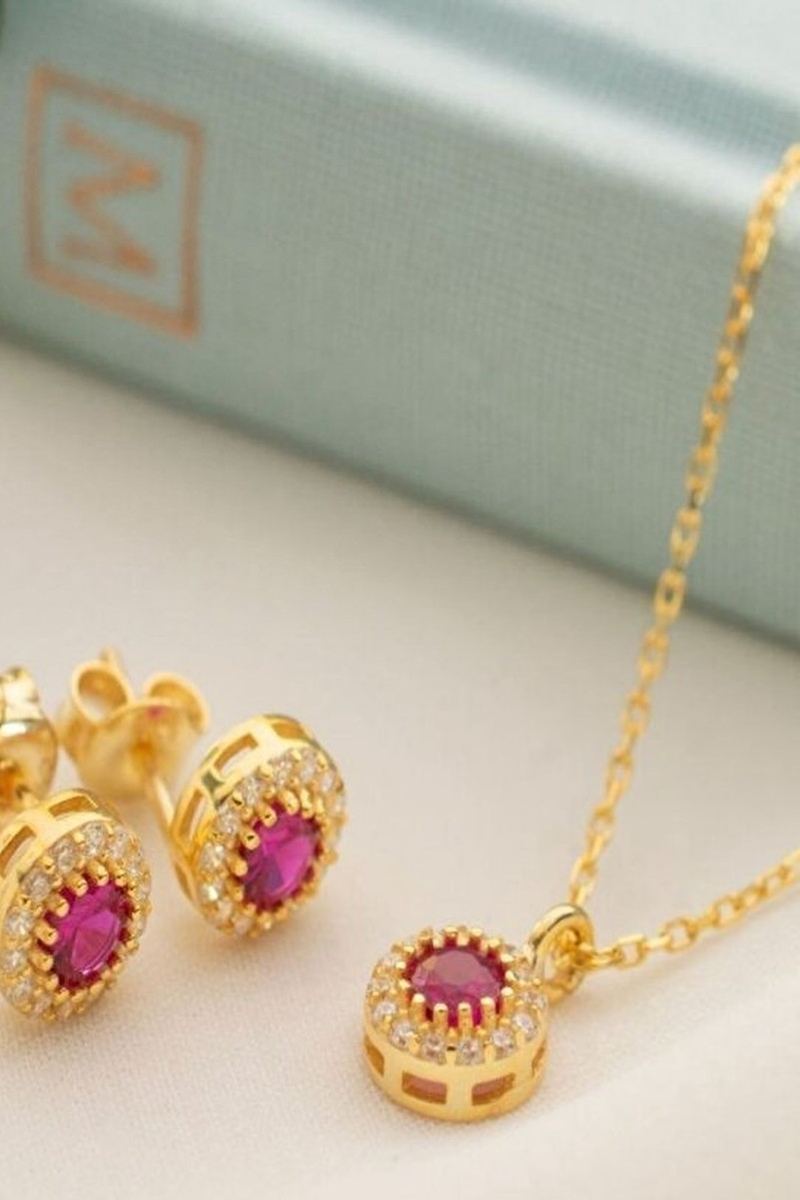 925 Ayar Gümüş Temmuz Ayı Doğum Taşı Ruby Kolye Küpe Seti görsel 2
