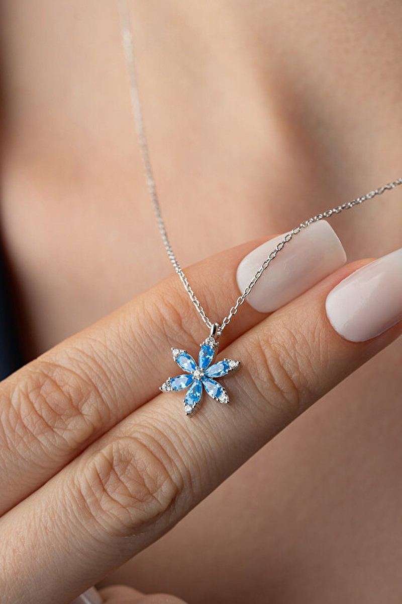925 Ayar Gümüş Aqua Taşlı Lotus Kolye görsel 2