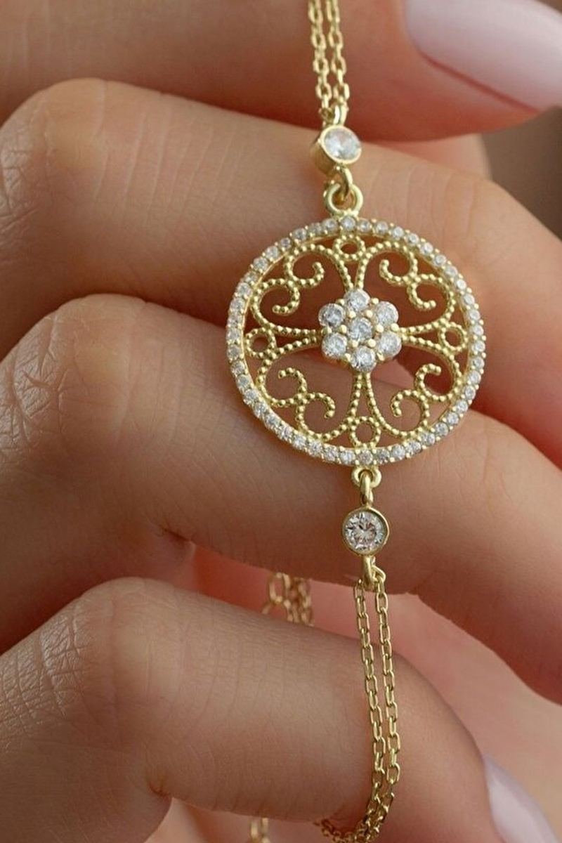 925 Ayar Gümüş Çiçek Gold Bileklik görsel 2