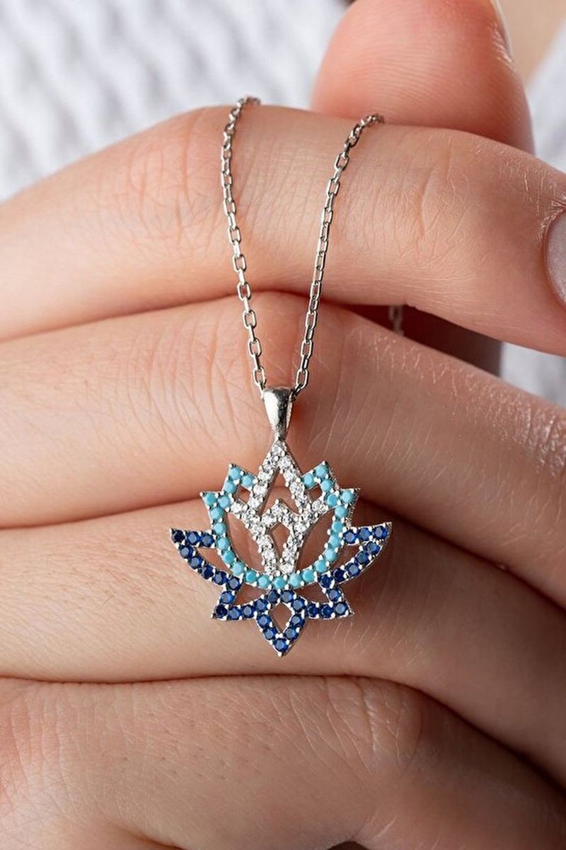 925 Ayar Gümüş Mavi Zirkon Taşlı Lotus Çiçeği Kolye görsel 2
