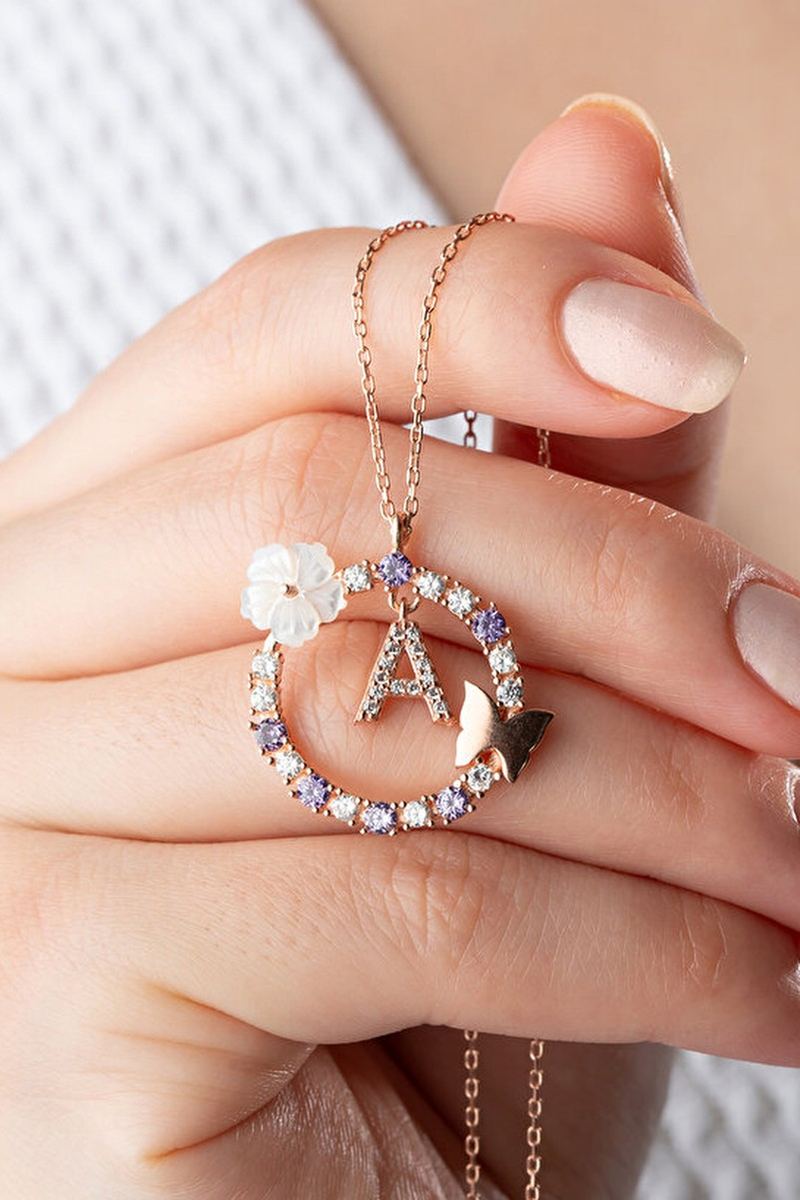 925 Ayar Gümüş Rose Harfli Kelebek Kolye görsel 2