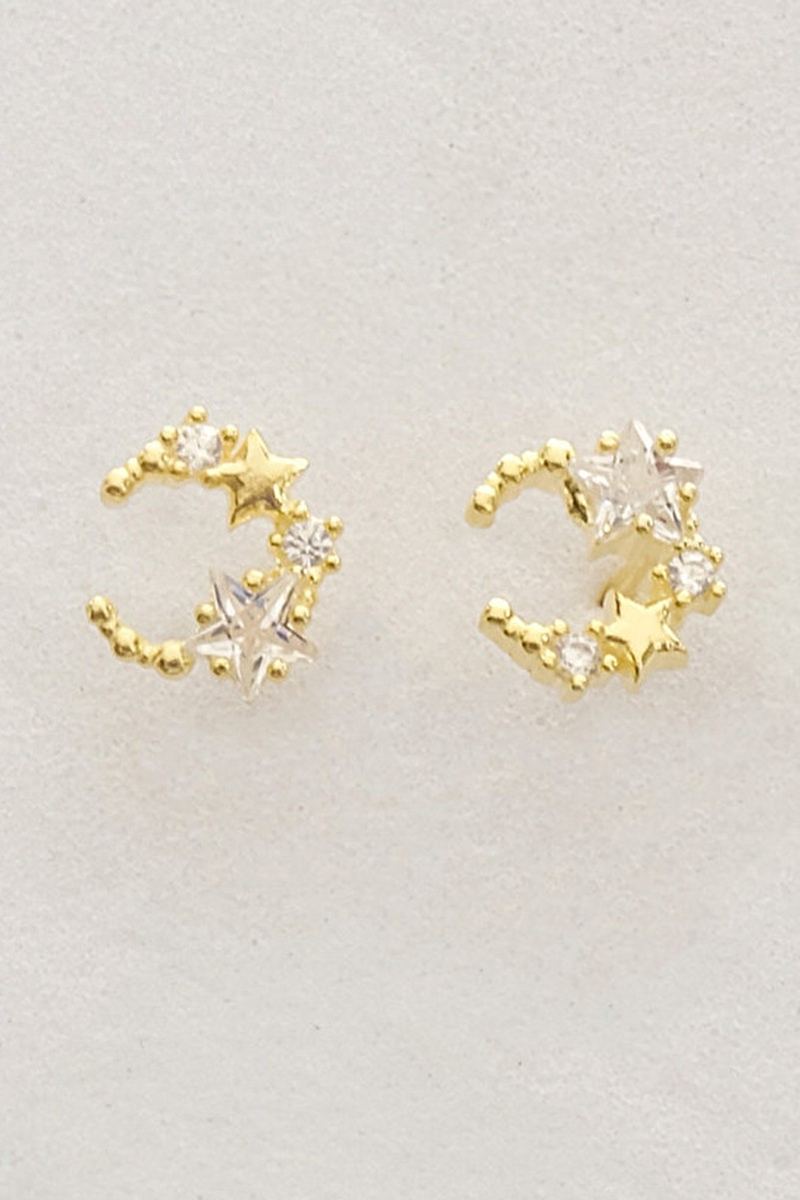 925 Ayar Gümüş Ay Yıldız Gold Kaplama Küpe görsel 2