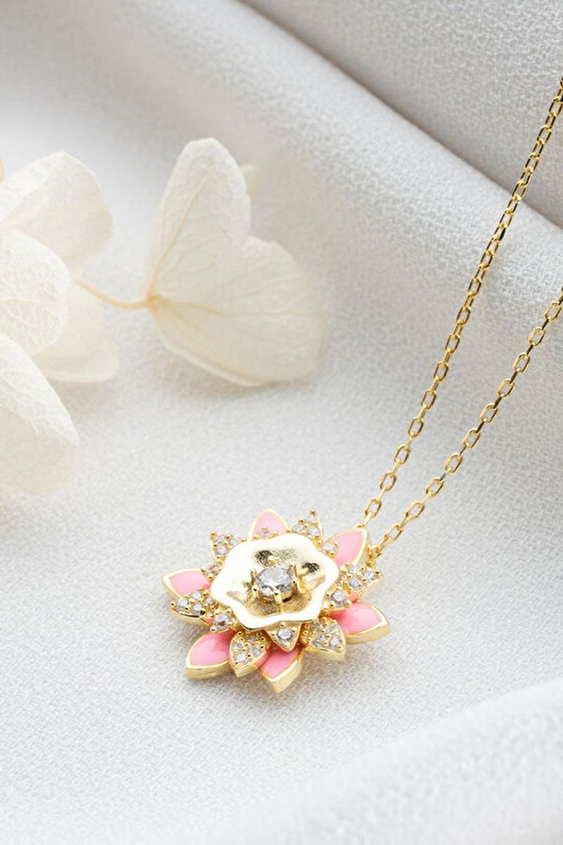 925 Ayar Gümüş Pembe Mineli Lotus Çiçeği Kolye görsel 2