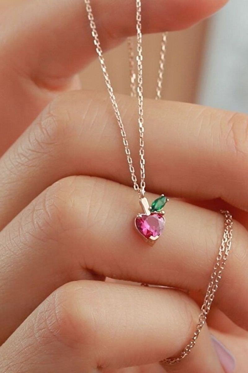 925 Ayar Gümüş Pembe Elma Rose Kolye görsel 2