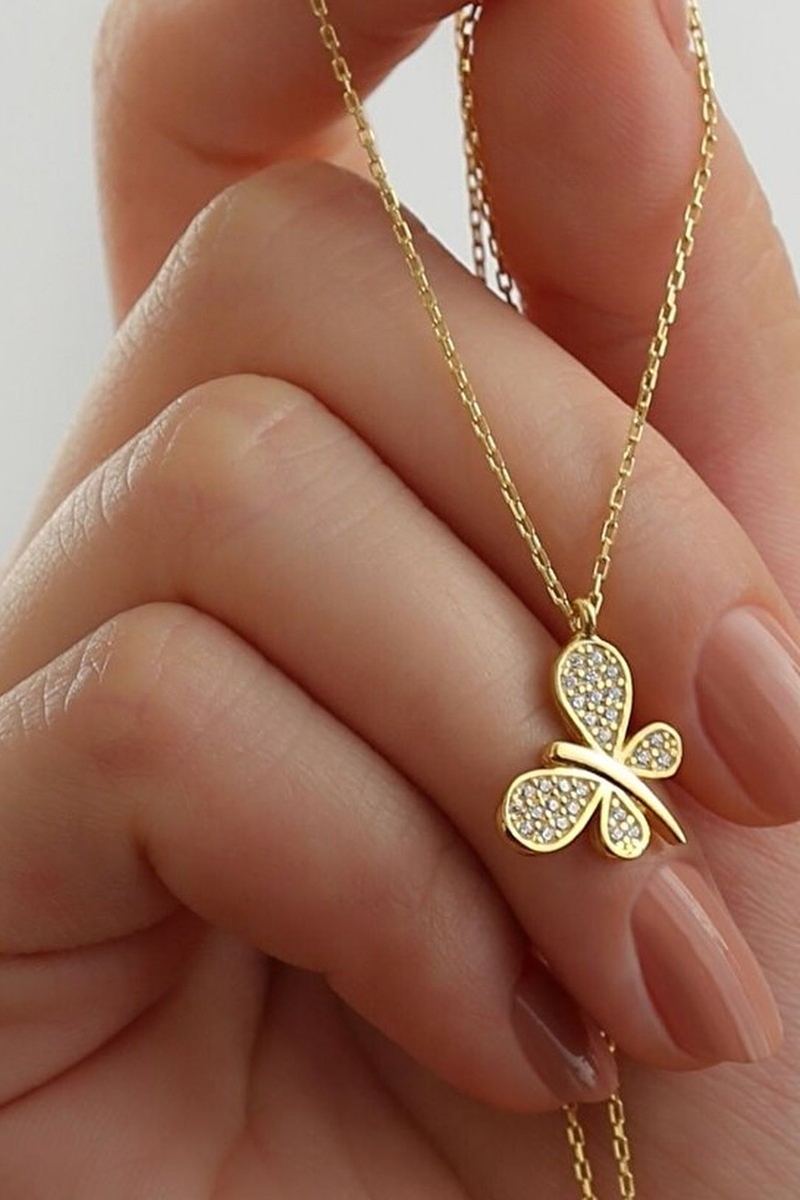 925 Ayar Gümüş Kelebek Model Kolye Gold görsel 2