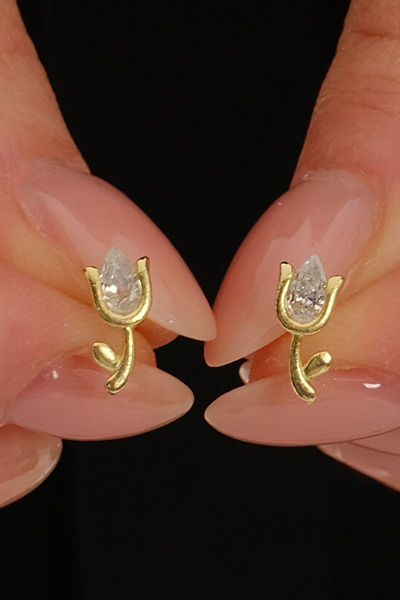 925 Ayar Gümüş Gold Kaplama Lale Küpe görsel 2