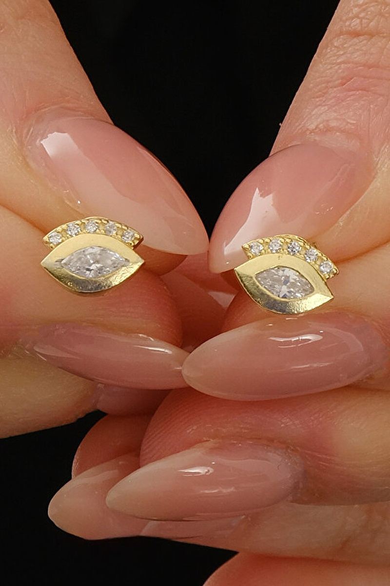 925 Ayar Gümüş Gold Kaplama Göz Küpe görsel 2