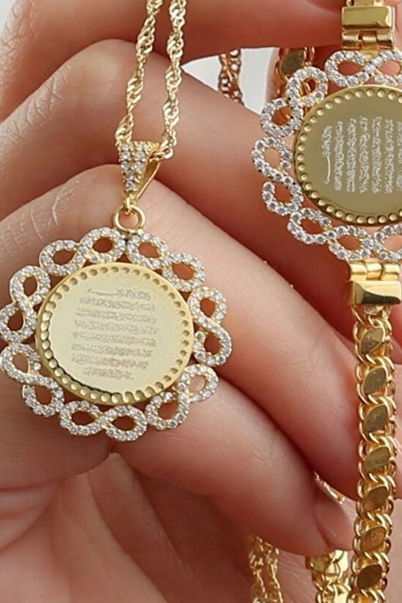 925 Ayar Gümüş Ayetel Kürsi Yazılı Kolye Bileklik Set görsel 2