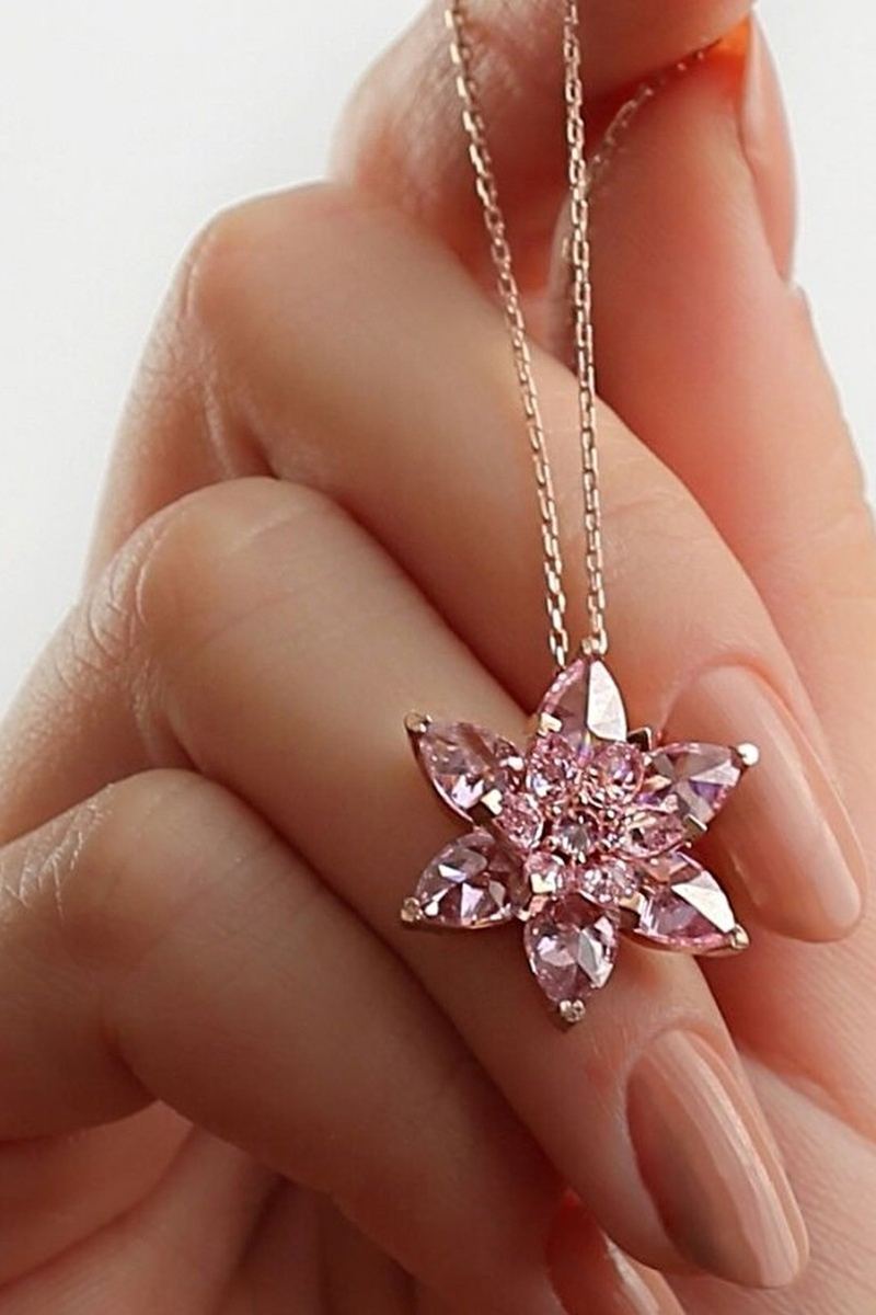 925 Ayar Gümüş Toz Pembe Renkli Lotus Kolye görsel 2