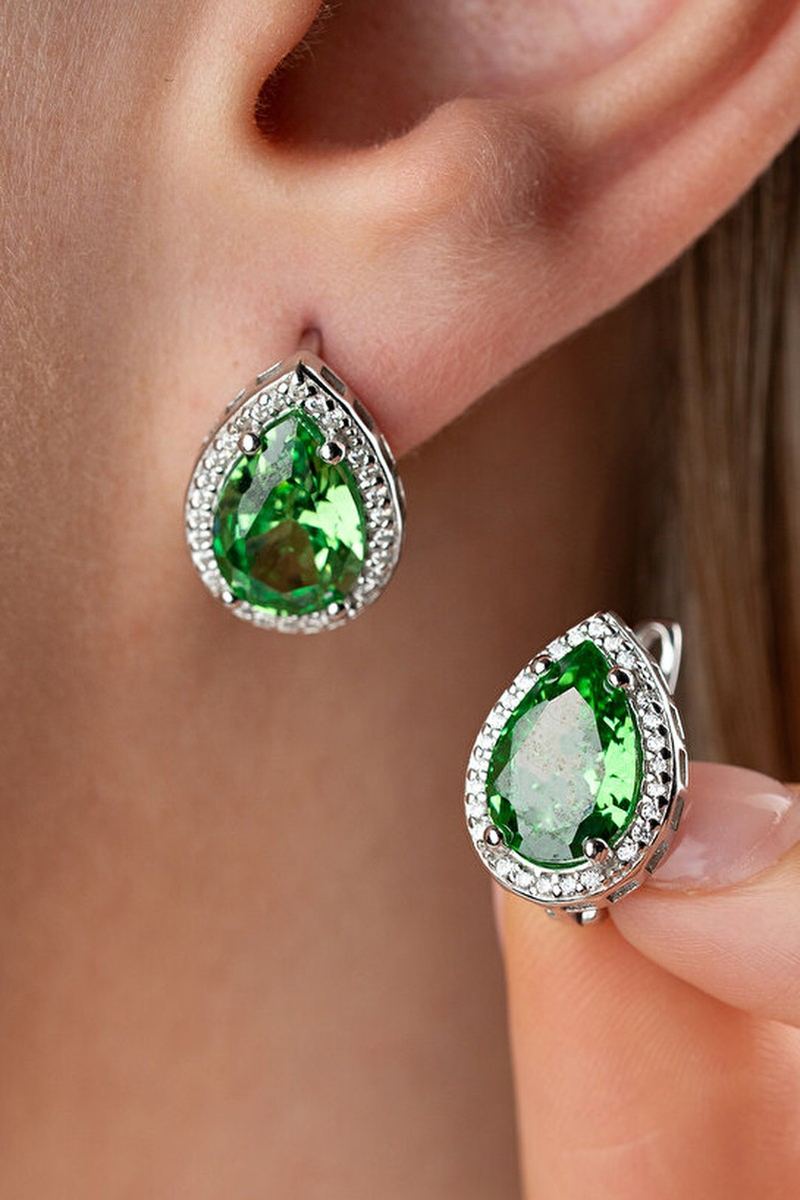 925 Ayar Gümüş Zirkon Yeşil Taşlı Damla Küpe görsel 2