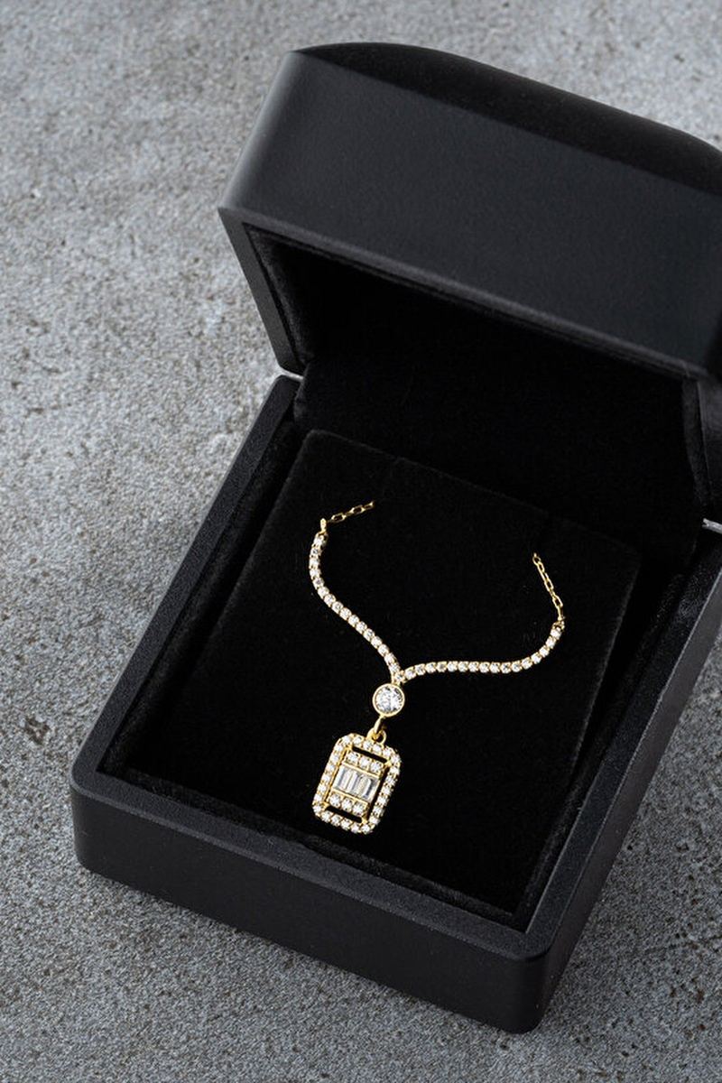 925 Ayar Gümüş Işıklı Kutuda Baget Gold Kolye görsel 2