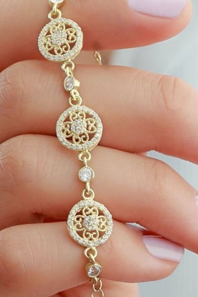 925 Ayar Gümüş Gold Çiçek Bileklik görsel 2