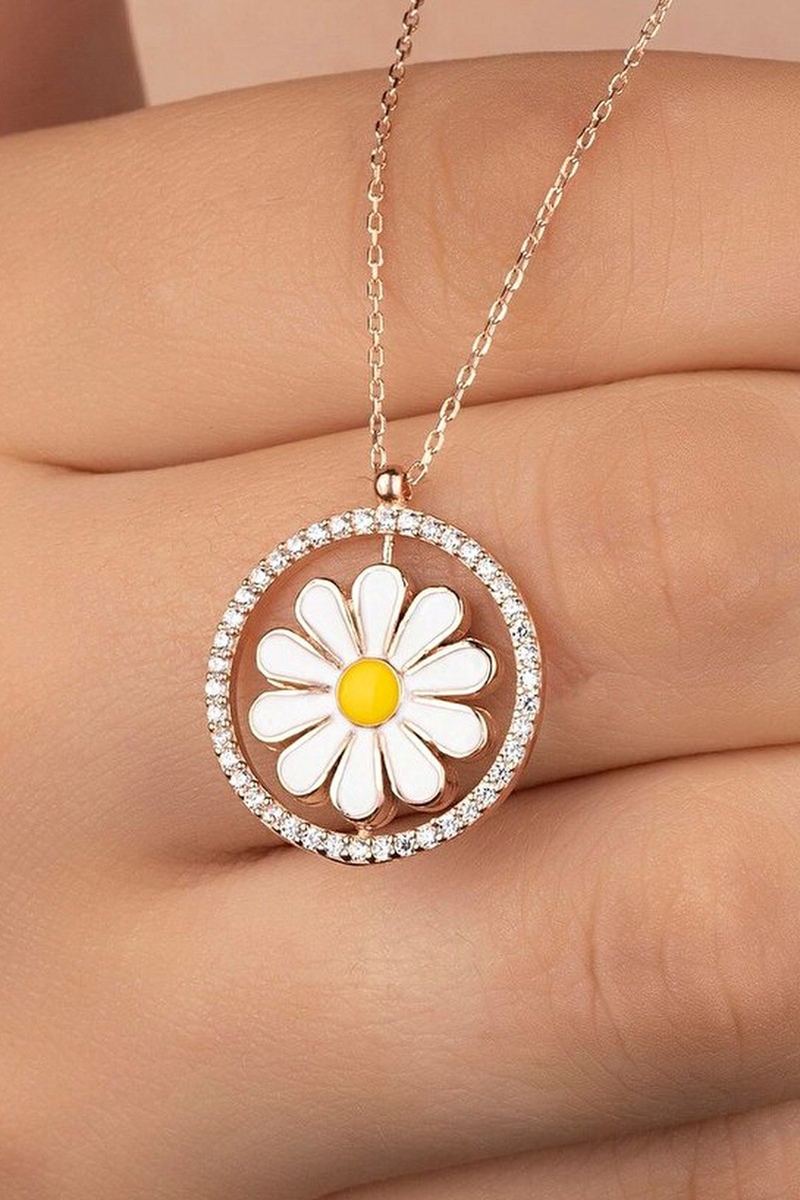 925 Ayar Gümüş Rose Zirkon Taşlı Mineli Papatya Kolye görsel 2
