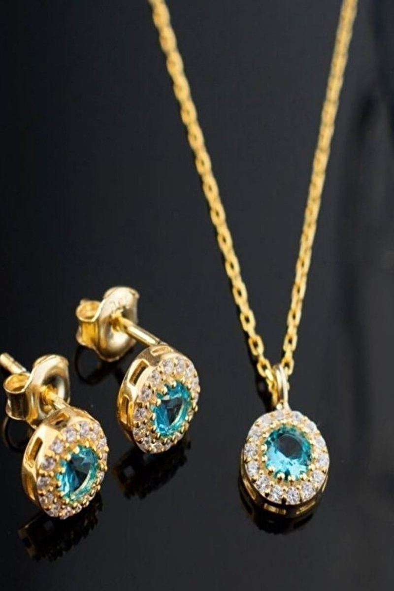 925 Ayar Gümüş Aralık Ayı Doğum Taşı Blue Topaz Kolye Küpe Seti görsel 2