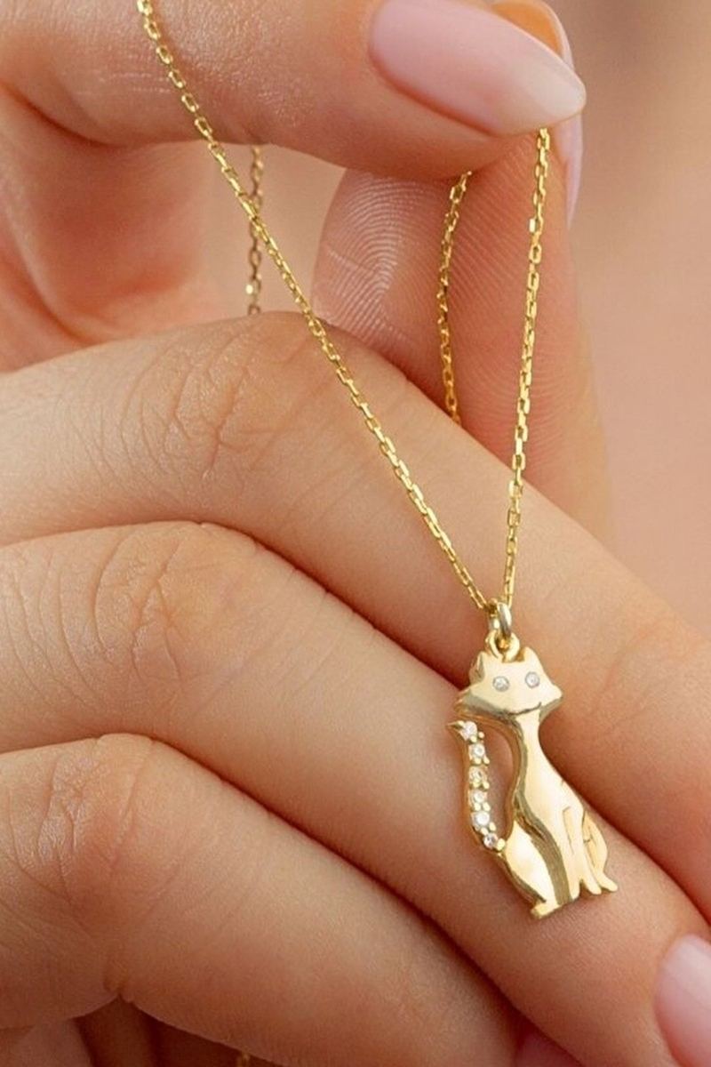 925 Ayar Gümüş Gold Kedicik Kolye görsel 2