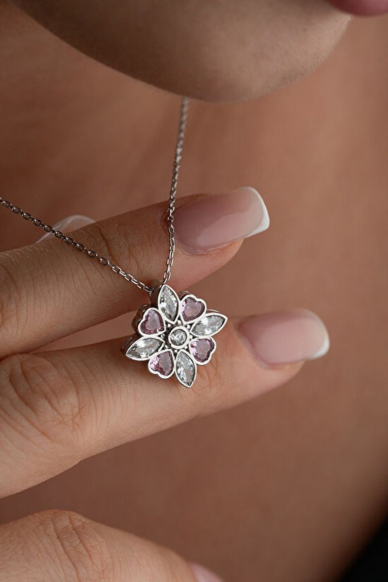925 Ayar Gümüş Pembe Taşlı Manolya Çiçeği Kolye görsel 2
