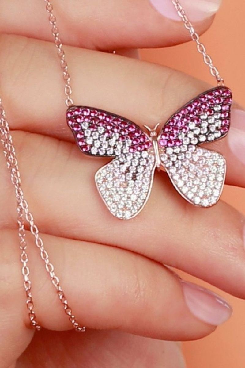 925 Ayar Gümüş Rose Pembe Taşlı Kelebek Kolye görsel 2