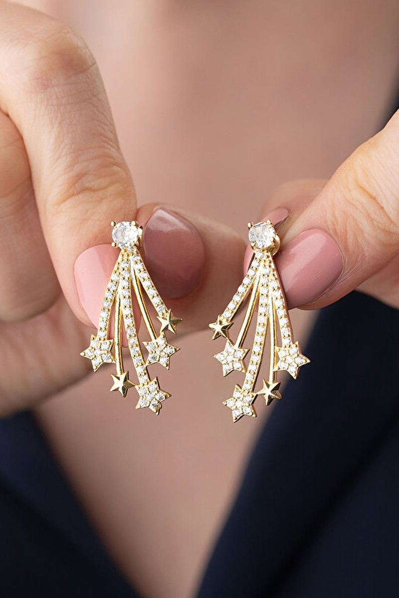 925 Ayar Gümüş Yıldızlı Gold Küpe görsel 2