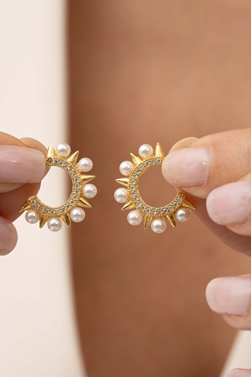 925 Ayar Gümüş Gold İncili Küpe görsel 2