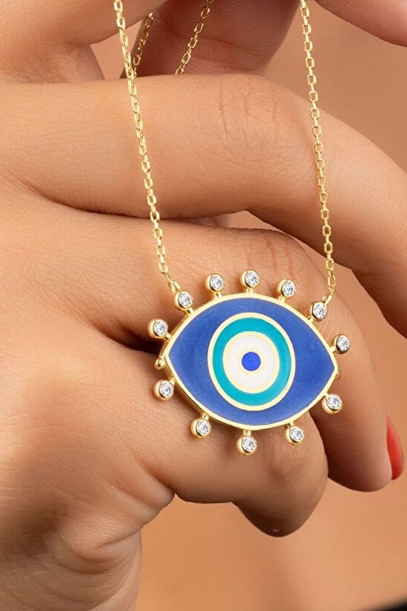 925 Ayar Gümüş Gold Taşlı Mineli Nazar Kolye görsel 2
