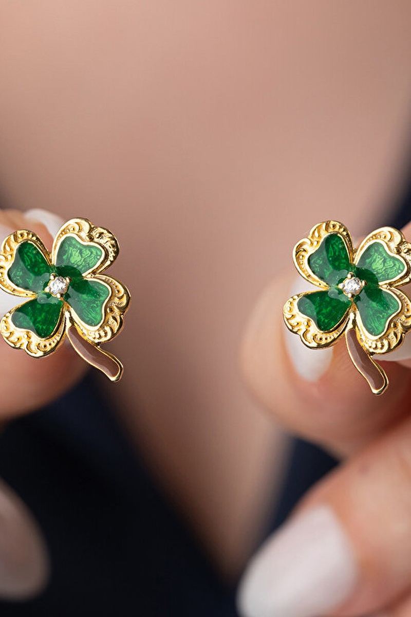925 Ayar Gümüş Gold Mineli Yonca Küpe görsel 2