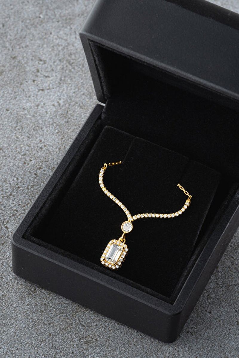 925 Ayar Gümüş Işıklı Kutuda Gold Baget Kolye görsel 2