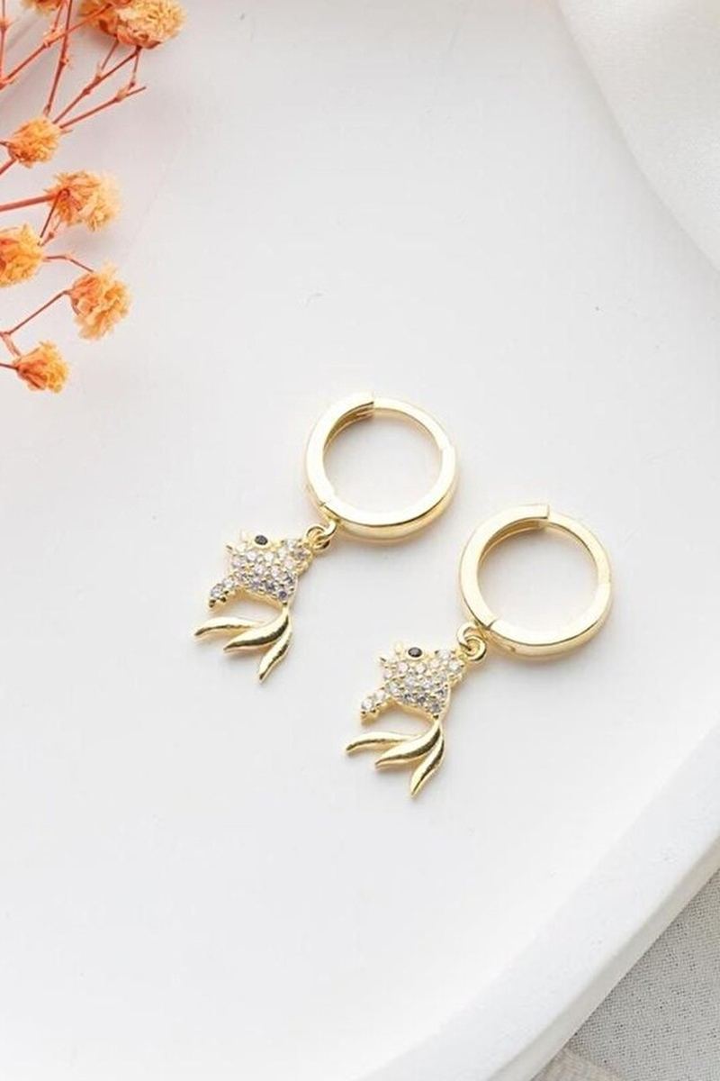 925 Ayar Gümüş Gold Balık Küpe görsel 2