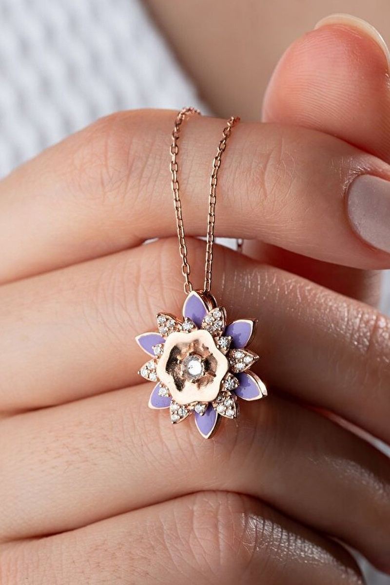 925 Ayar Gümüş Mor Mineli Lotus Çiçeği Kolye görsel 2
