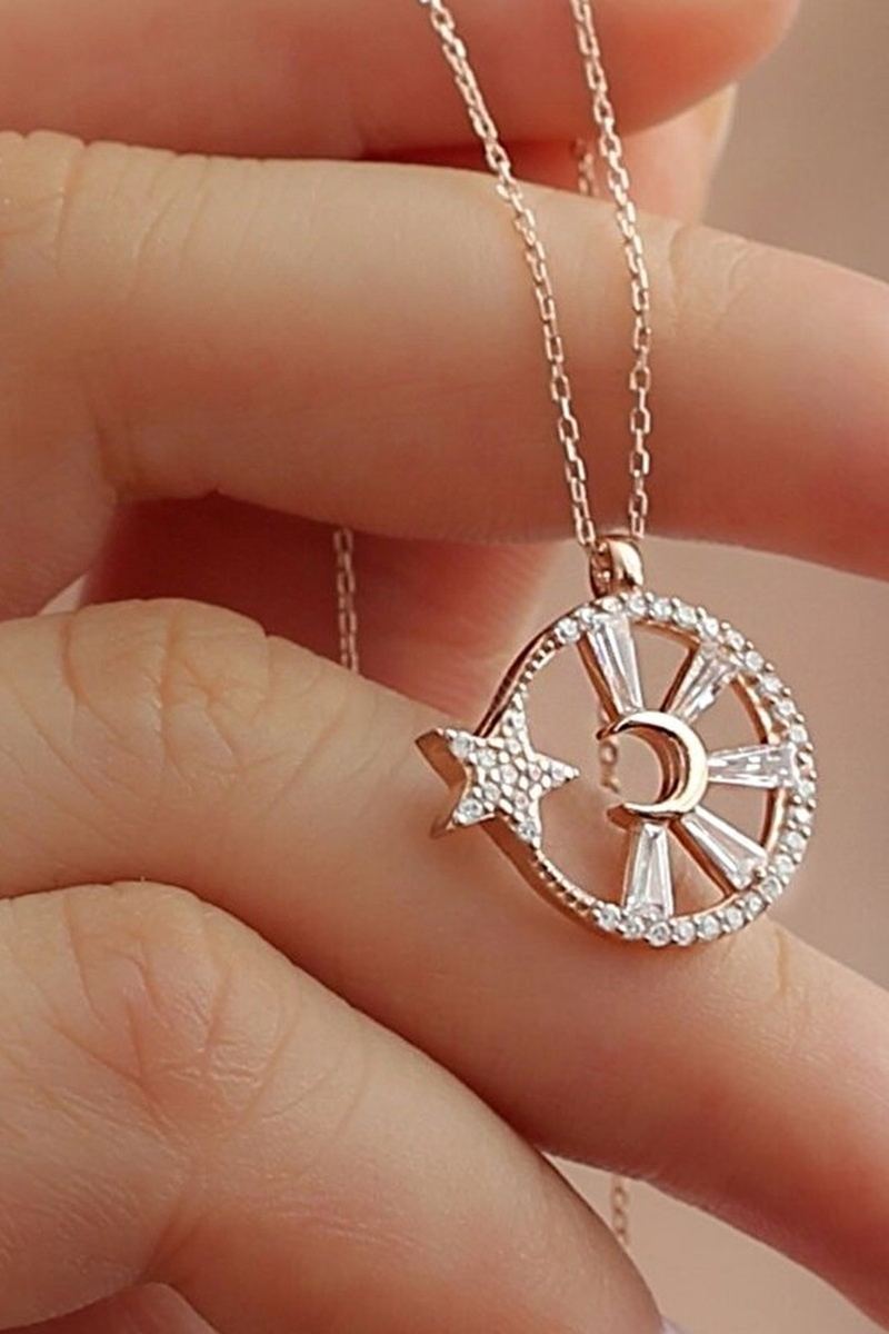 925 Ayar Gümüş Baget Taşlı Ay Yıldız Kolye görsel 2