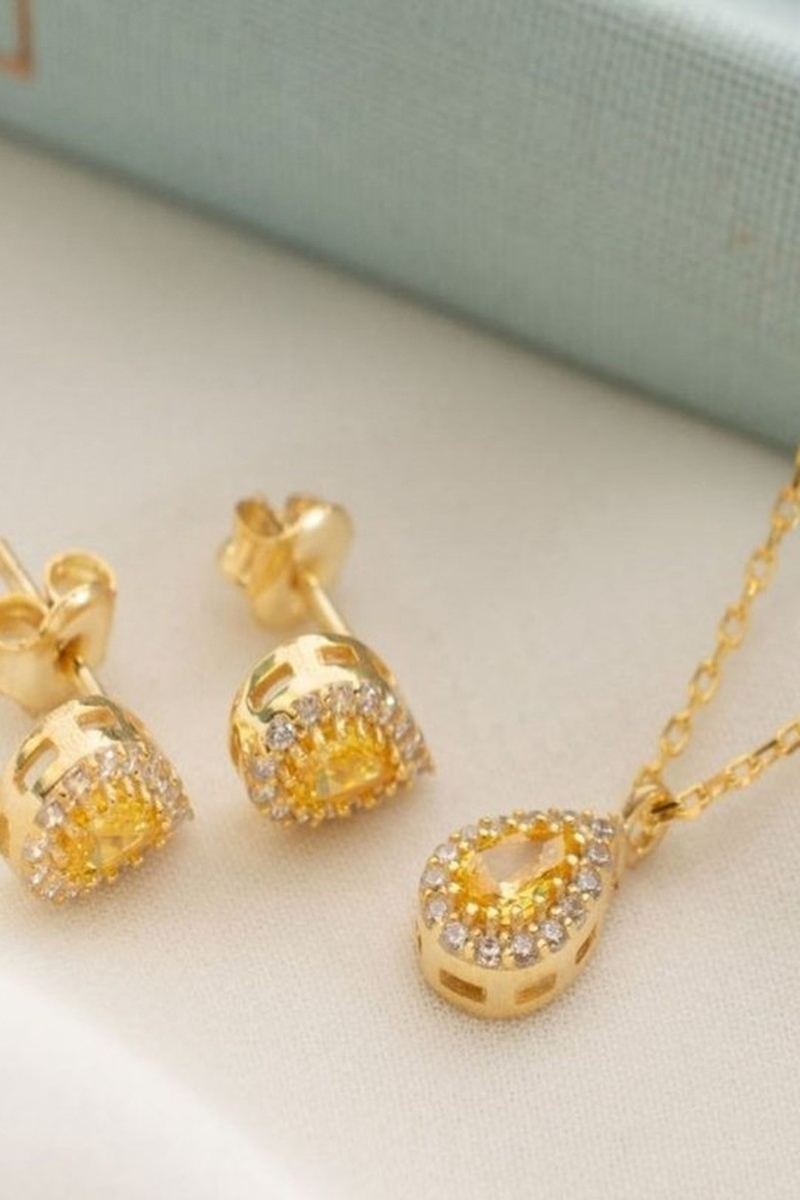 925 Ayar Gümüş Kasım Ayı Doğum Taşı Citrine Damla Kolye görsel 2