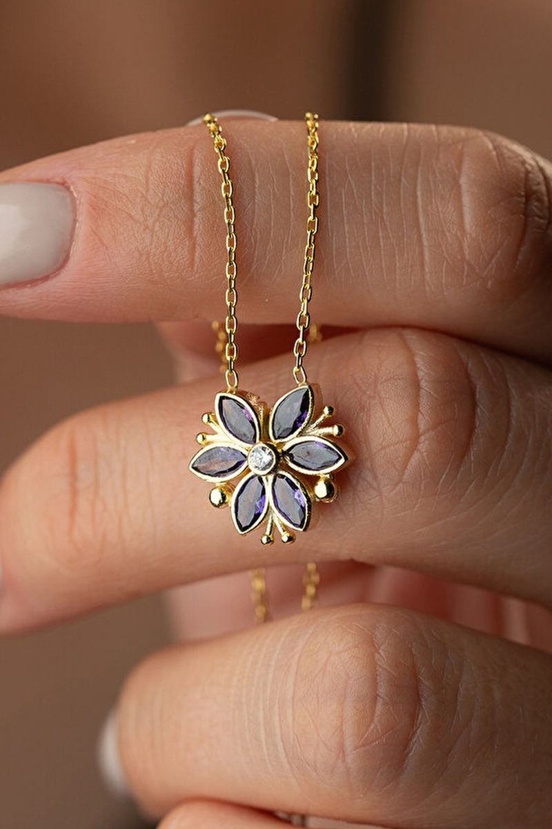 925 Ayar Gümüş Mıknatıslı Mor Taşlı Lotus Kolye görsel 2