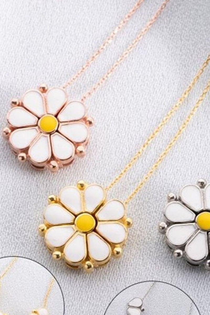 925 Ayar Gümüş Rose Mineli Açılan Papatya Kolye görsel 2