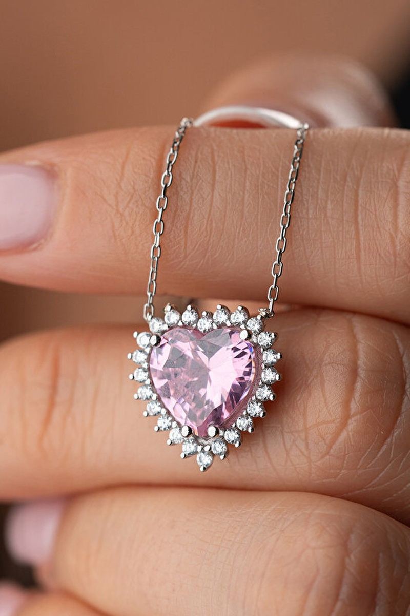 925 Ayar Gümüş Zirkon Pembe Taşlı Kolye görsel 2