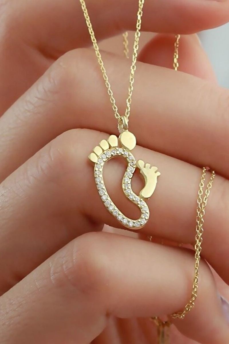 925 Ayar Gümüş Gold Ayak İzi Kolye görsel 2