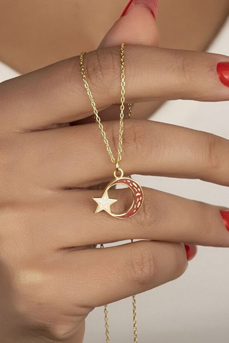 925 Ayar Gümüş Gold Çift Taraflı Ay Yıldız Kolye görsel 2