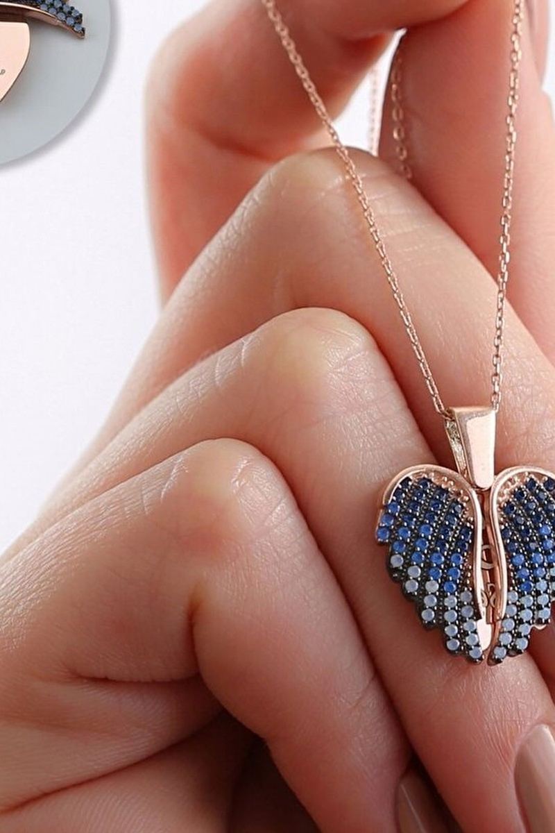 925 Ayar Gümüş Mavi Kanatlı Kalp Kolye görsel 2