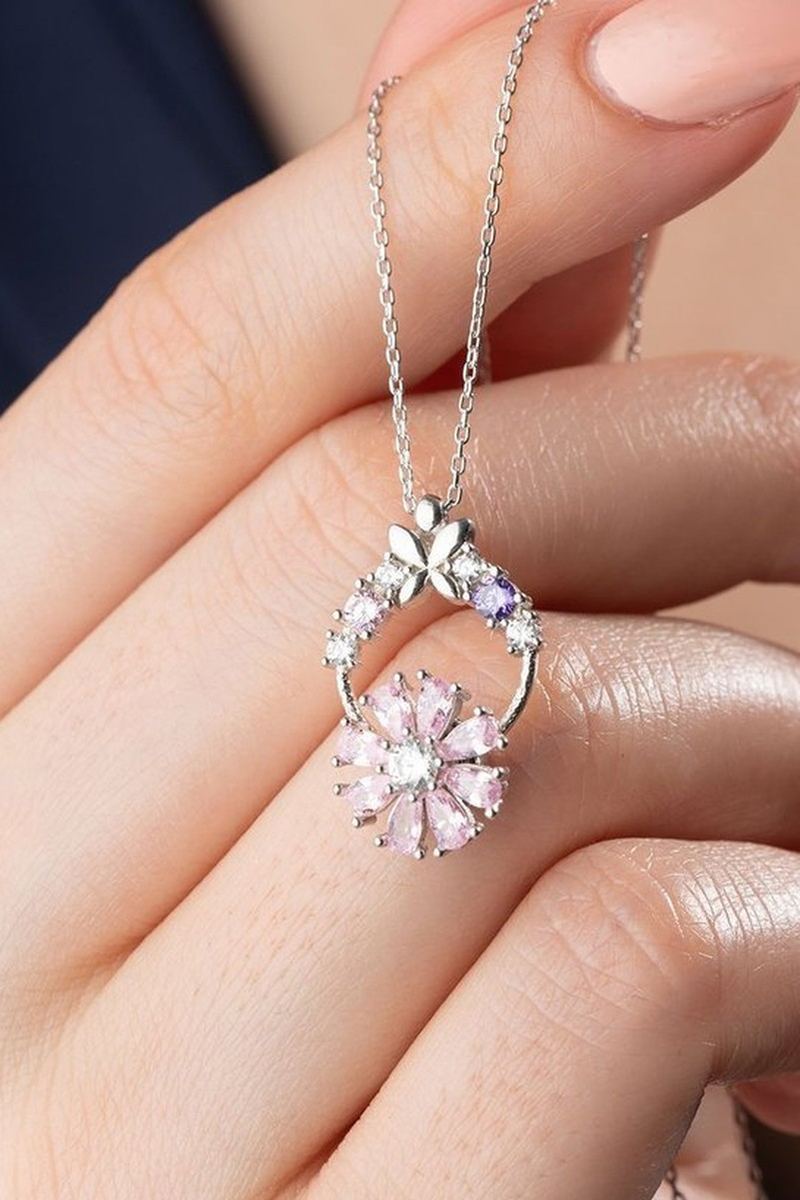 925 Ayar Gümüş Pembe Çiçekli Dönen Kolye görsel 2