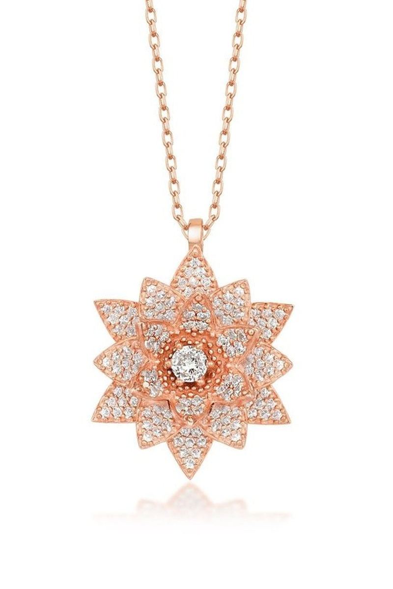 925 Ayar Gümüş Rose Taşlı Lotus Kolye görsel 2