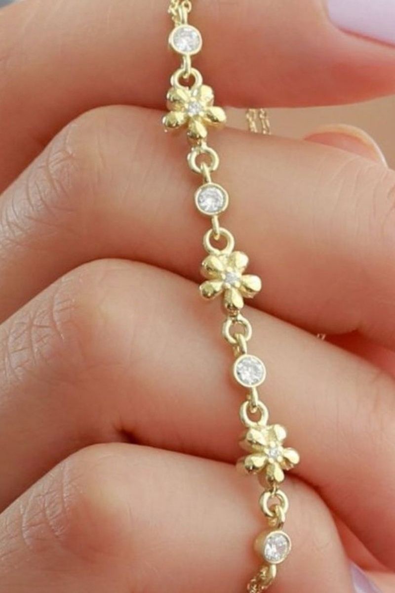 925 Ayar Gümüş Gold Çiçek Zirkon Taşlı Bileklik görsel 2