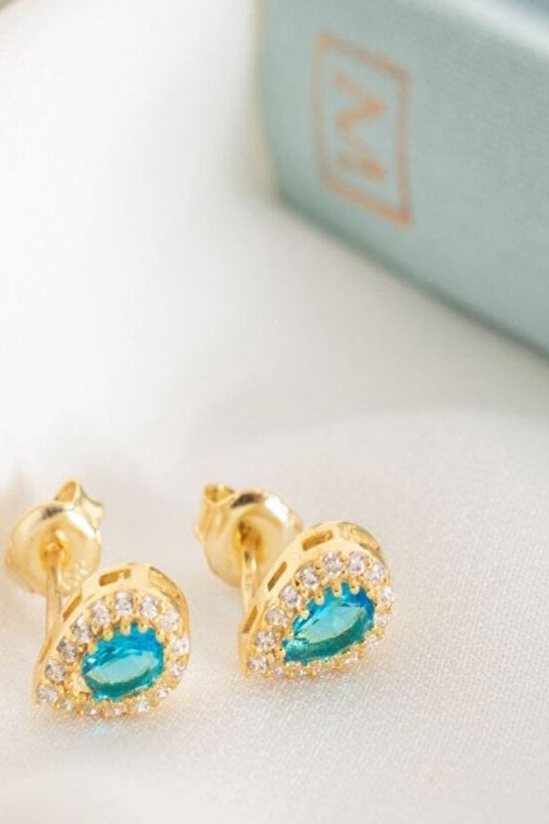925 Ayar Gümüş Gold Zirkon Taşlı Yuvarlak Aralık Ayı Blue Topaz Küpe görsel 2