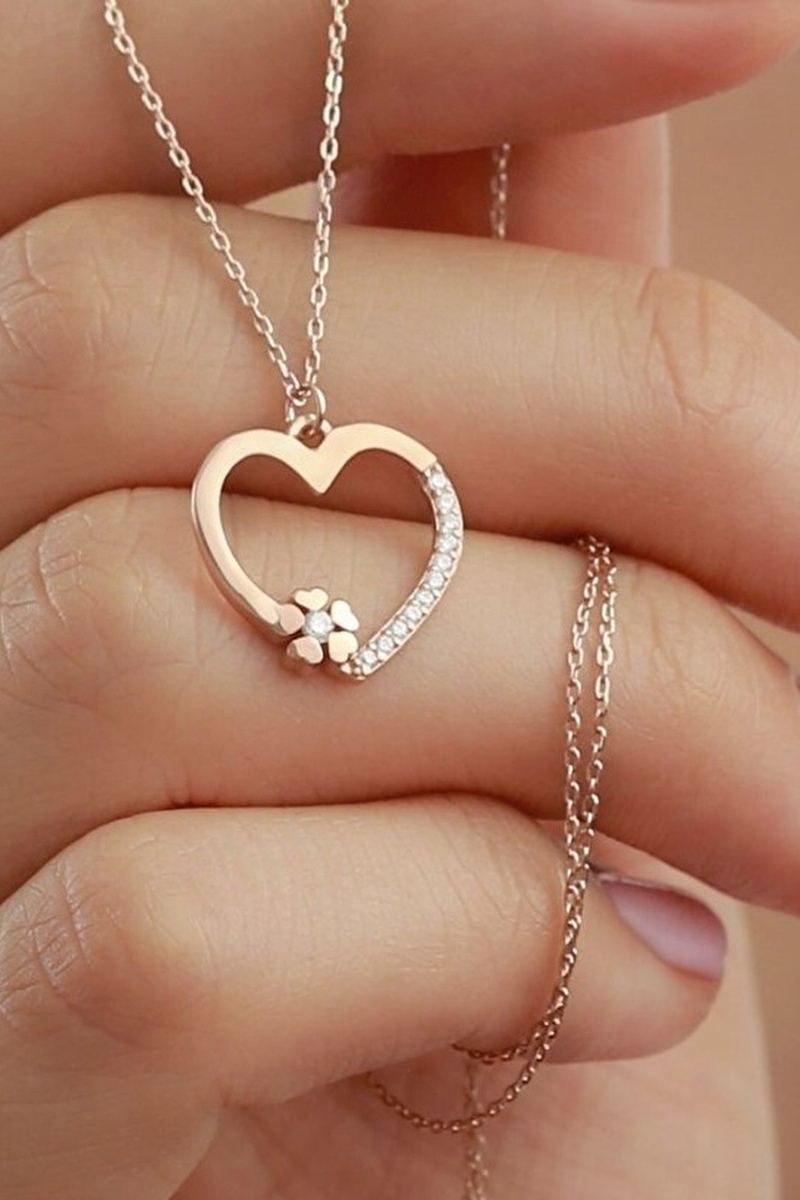 925 Ayar Gümüş Rose Kalpli Yonca Kolye görsel 2