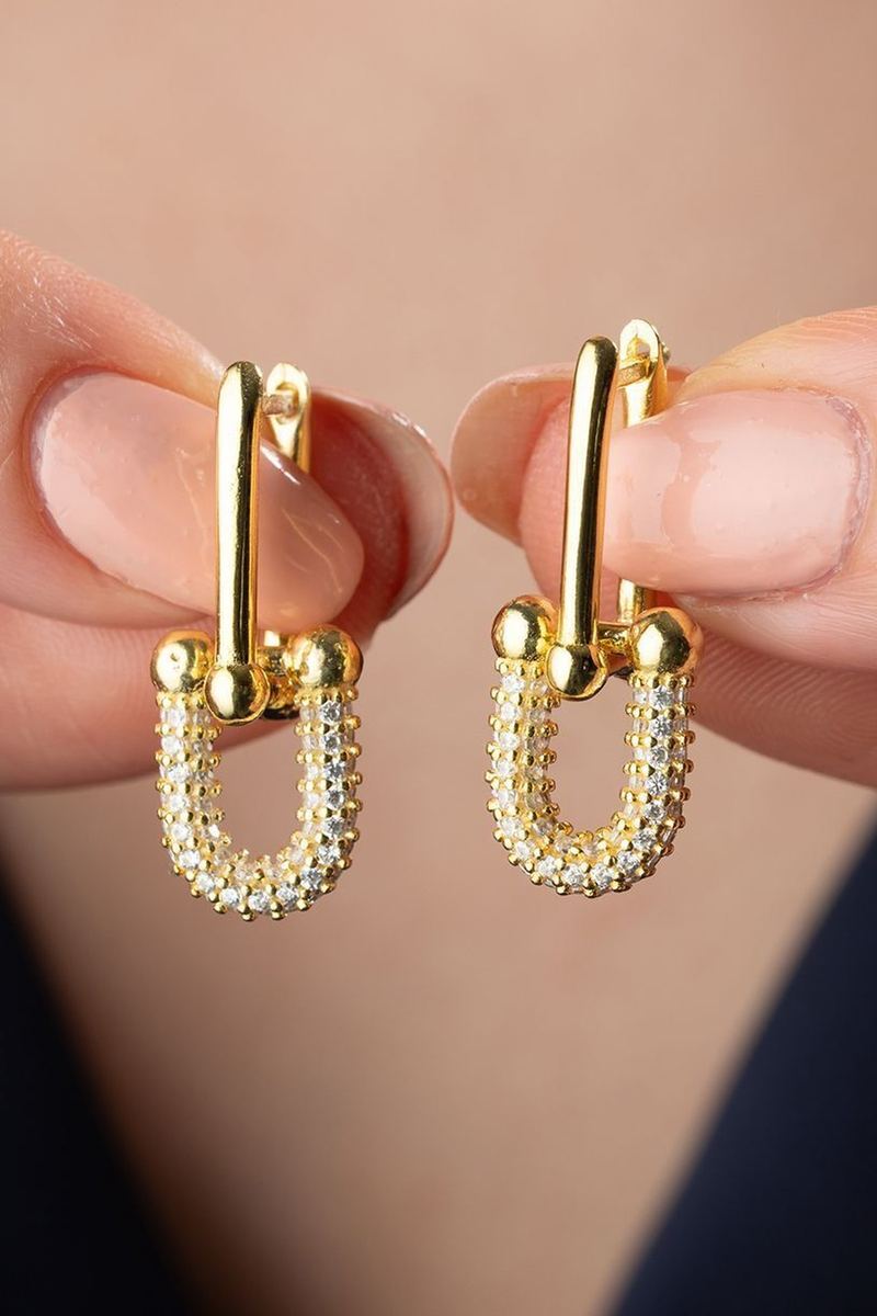 925 Ayar Gümüş Gold Zirkon Taşlı Trend Küpe görsel 2