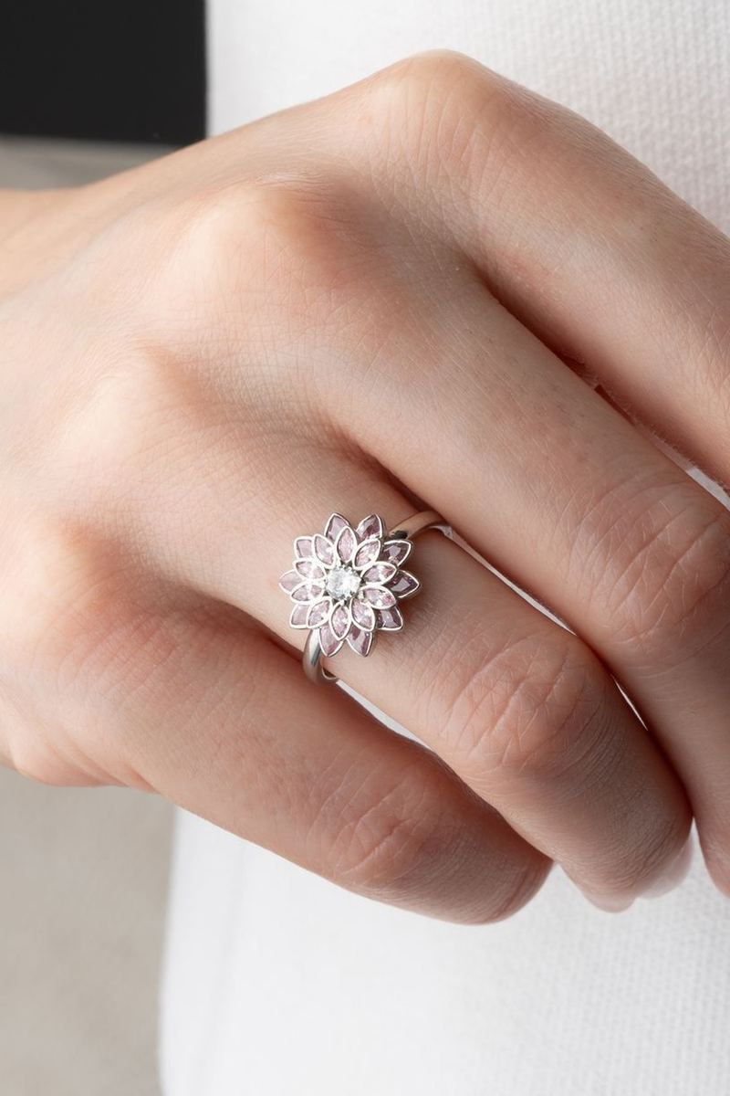 925 Ayar Gümüş Pembe Lotus Çiçeği Yüzük görsel 2