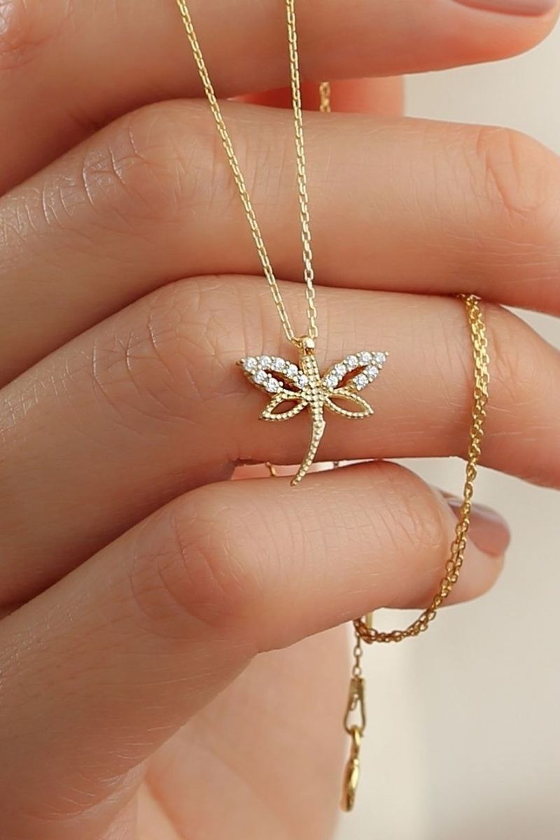 925 Ayar Gümüş Gold Zirkon Taşlı Minimal Yusufçuk Kolye görsel 2