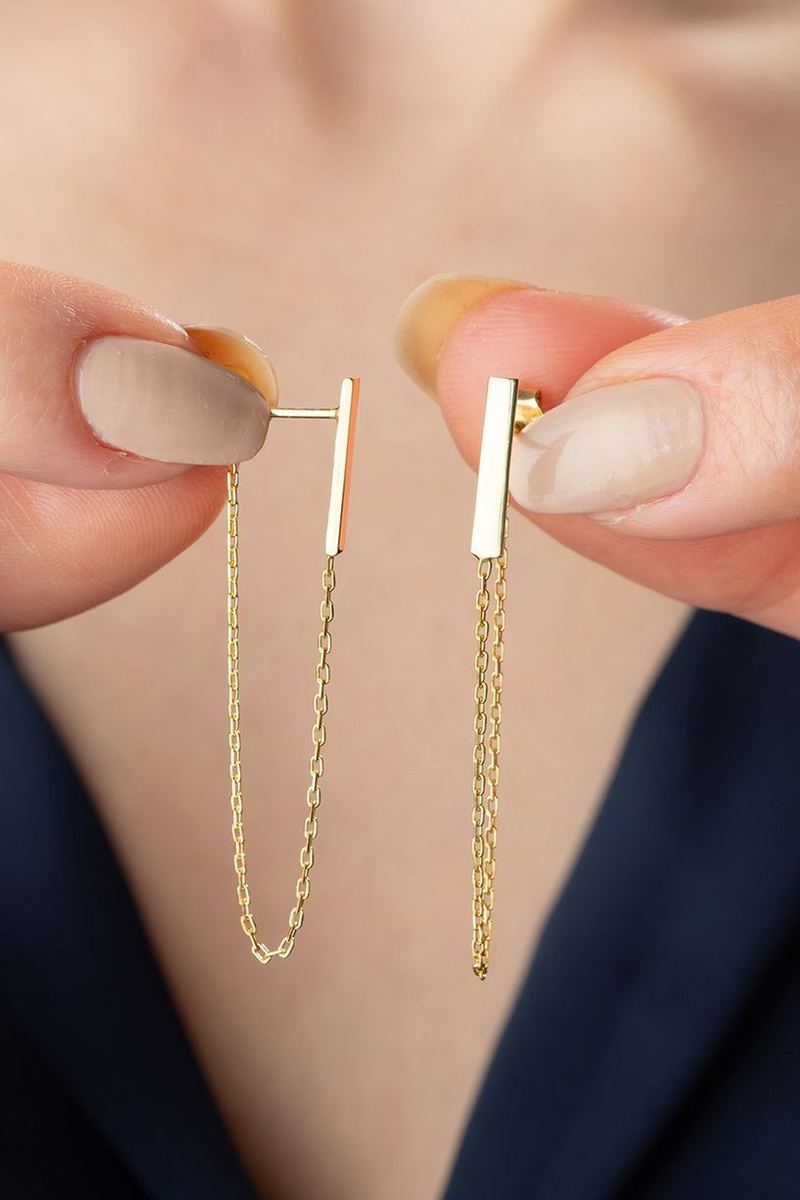 925 Ayar Gümüş Gold Zincir Küpe görsel 2